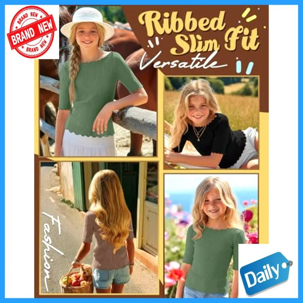 Girls Ribbed Half Sleeve Tees 3-Pack Boat Neck Lettuce Trim Tops Ages 5-16